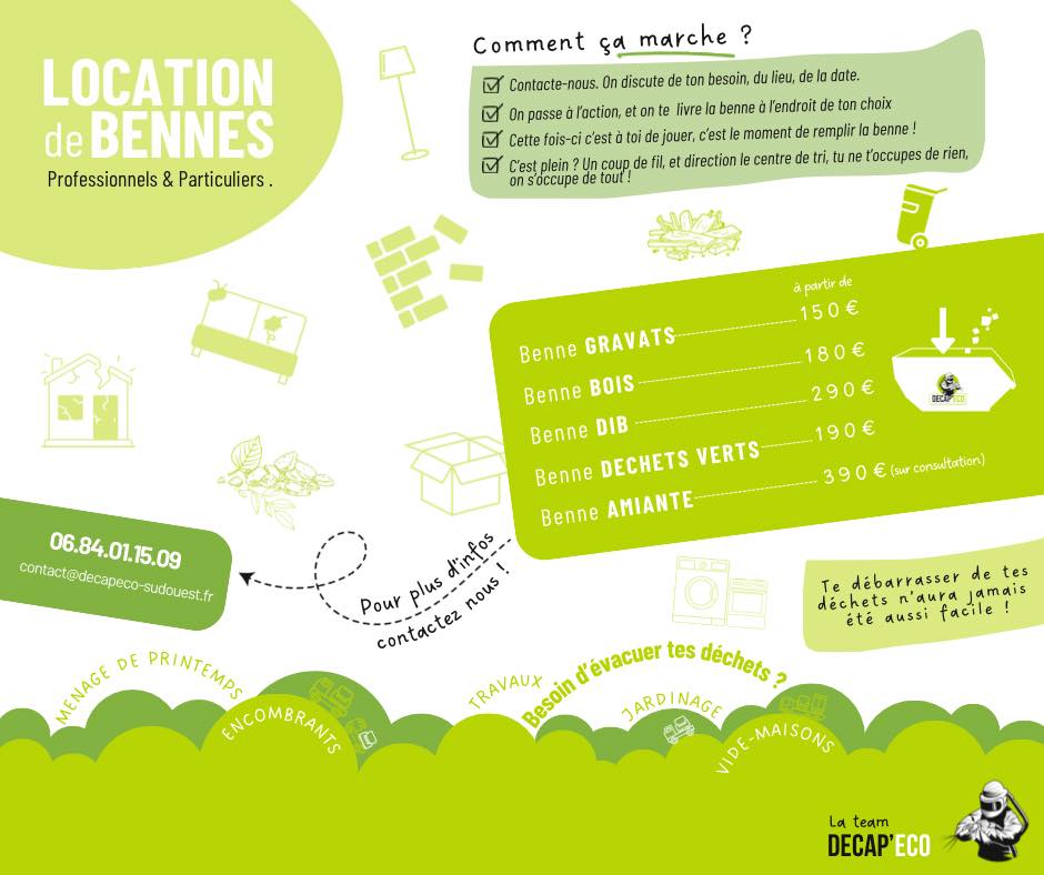 Tarifs et fonctionnement de la location de bennes avec Décap’Eco Sud-Ouest dans les Landes, Pays Basque et Béarn : gravats, bois, DIB, déchets verts et amiante Tarifs et fonctionnement de la location de bennes avec Décap’Eco Sud-Ouest dans les Landes, Pays Basque et Béarn : gravats, bois, DIB, déchets verts et amiante